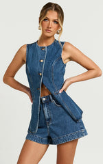 Rhianna Shorts - Mid Waist Recycled Denim Shorts in Dark Blue Wash