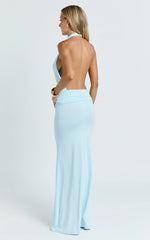 Lizzy Maxi Dress - Backless Ruched Bodycon Dress in Blue