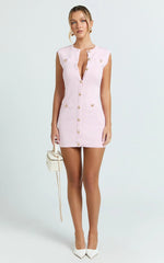 Branson Mini Dress - Sleeveless Button Down Knitted Dress in Plain Pink