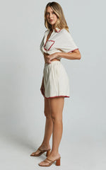 Josie Shorts - Linen Look Red Trim Detail Shorts in Cream & Red Print