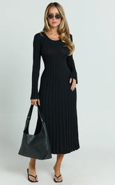 Blaire Midi Dress - Long Sleeve Tie Back Flare Dress in Black