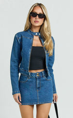 Pamela Mini Skirt - Low Rise Double Button Recycled Denim Skirt in Dark Blue Wash