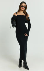Maisie Midi Dress - Off Shoulder Long Sleeve Fitted Column Knit Dress in Black