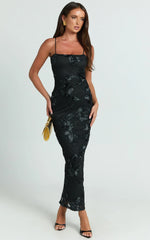 Mina Midi Dress - Embroidered Mesh Dress in Black