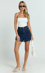 Rhianna Shorts - Mid Waist Recycled Denim Shorts in Indigo Wash