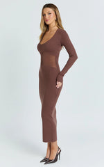 Odessa Midi Dress - U Neck Long Fitted Sleeve Sheer Waist Fitted Knit Dress in Chocolate