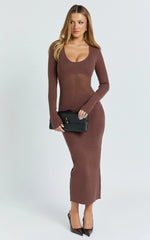 Odessa Midi Dress - U Neck Long Fitted Sleeve Sheer Waist Fitted Knit Dress in Chocolate