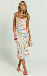 Mikayla Midi Dress - Linen Scoop Neck Ruched Bust Corset Waist Bias Skirt Dress in Pomodoro Paradise Print