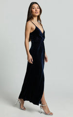 Rebecca Midi Dress - Front Twist Thigh Split Velvet Dress in Navy