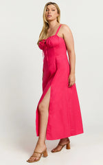 Maiya Midi Dress - Tie Front Fitted Bodice Dress in Hot Pink