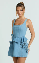 Delia Mini Dress - Denim Fit And Flare Dress in Light Blue Wash