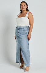 Kira Midi Skirt - Front Split Denim Skirt in Light Blue Wash