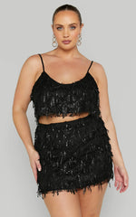 Khrizza Mini Skirt - Sequin Diamond Mesh Skirt in Black