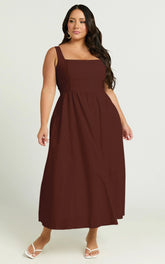 Khari Midi Dress - Linen Look Square A Line Dress in Chocolate