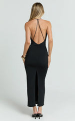 Roxanne Midi Dress - Low Cowl Open Back Slip Dress in Black