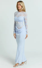 Crisanta Maxi Dress - Long Sleeve Contrast Lace Bodycon Dress in Pale Blue