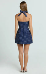 Dante Mini Dress - Halter Neck Tie Tulip Skirt Dress in Navy Polka Dot