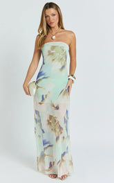 Adiana Maxi Dress - Floral Print Strapless Dress in Aquamarine Floral