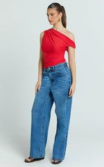 Amaya Top - Off Shoulder Twist Asymmetrical Sleeve Top in Red