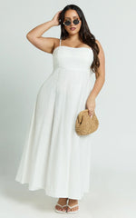 Brette Midi Dress - Linen Straight Neck Strappy Fit And Flare Dress in White