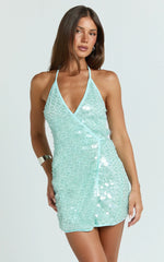 Jacintha Mini Dress - Sequin Halter Wrap Dress in Teal