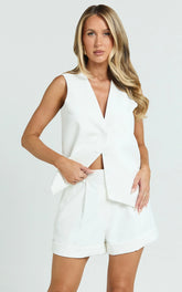Diane Shorts - High Waisted Cuffed Single Pleated Tailored Shorts in White