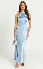Rhianne Midi Dress - Twist Halter Neck Open Back Satin Dress in Light Blue