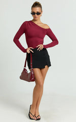Clarence Top - Long Sleeve Off Shoulder Gathered Top in Burgundy