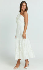 Nadette Midi Dress - One Shoulder Pleated Tiered Dress in White