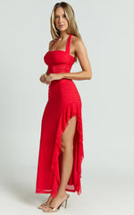 Almarie Midi Dress - Halter Neck Mesh Dress in Red