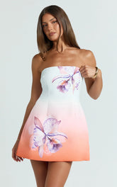Elouise Mini Dress - Strapless Princess Panel A Line Dress in Orchid Ombre Print