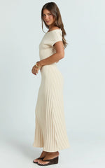 Jadey Midi Dress - Cap Sleeve Pleated Dress in Bone