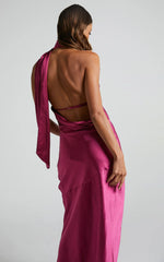 Evana Midi Dress - High Asymmetrical Neck Satin Slip Dress in FUSCHIA