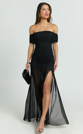 Alanna Maxi Dress - Off Shoulder Ruched Mesh Dress in Black