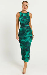 Loralie Midi Dress - Mesh High Neck Bodycon Dress in Green Floral Print