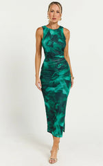 Loralie Midi Dress - Mesh High Neck Bodycon Dress in Green Floral Print