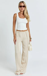 Faye Pants - Low Waist Elastic Waist Wide Leg Pants in Neutral