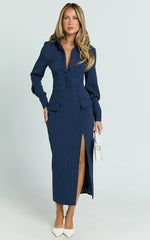 Ophelia Midi Dress - Collared Pinstripe Long Sleeve Fitted Dress in Navy