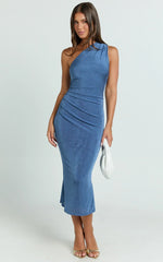 Arietty Midi Dress - One Shoulder Asymmetrical Ruched Dress in Steel Blue