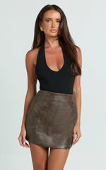 Lilibeth Mini Skirt - High Waisted Faux Leather Skirt in Brown