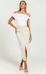 Brylee Midi Skirt - High Waisted Front Split Skirt in Stone