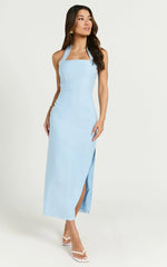 Darcy Midi Dress - Halter Fitted Side Split Dress in Blue