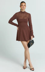 Camilla Mini Dress - Turtle Neck Fit And Flare Sheer Contrast Knit Dress in Chocolate