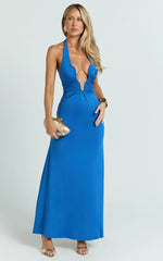 Denise Maxi Dress - Halter U Ruched Neck Cut Out Jersey Dress in Blue