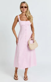 Cameron Midi Dress - Button Front Tie Back Dress in Pink
