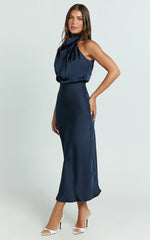 Minnie Midi Dress - Drape Neck Satin Slip Dress in Midnight Blue