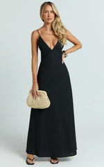 Hinata Maxi Dress - Linen Blend Slip Dress in Black