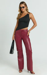 Marzia Pants - Faux Leather Mid Waisted Straight Leg Pants in Wine