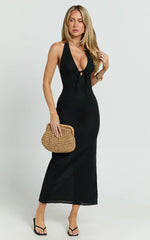 Lyla Midi Dress - Tie Front Plunge Halter Linen Blend Dress in Black