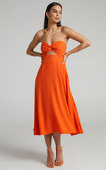 Avie Midi Dress - Twist Strapless Cocktail Dress in Orange